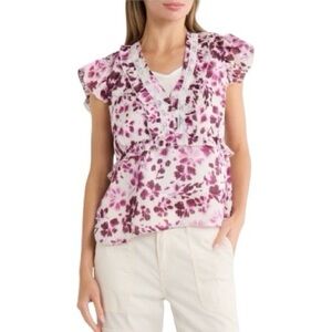 Nicole Miller Ruffle Trim Floral Printed Plum Metallic Top Blouse NWT M L